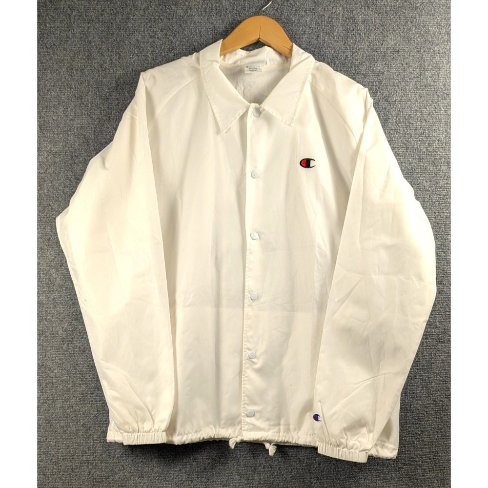 Champion Men's Coaches Jacket White Snap Front Windbreaker Cotton Lining Logo XL